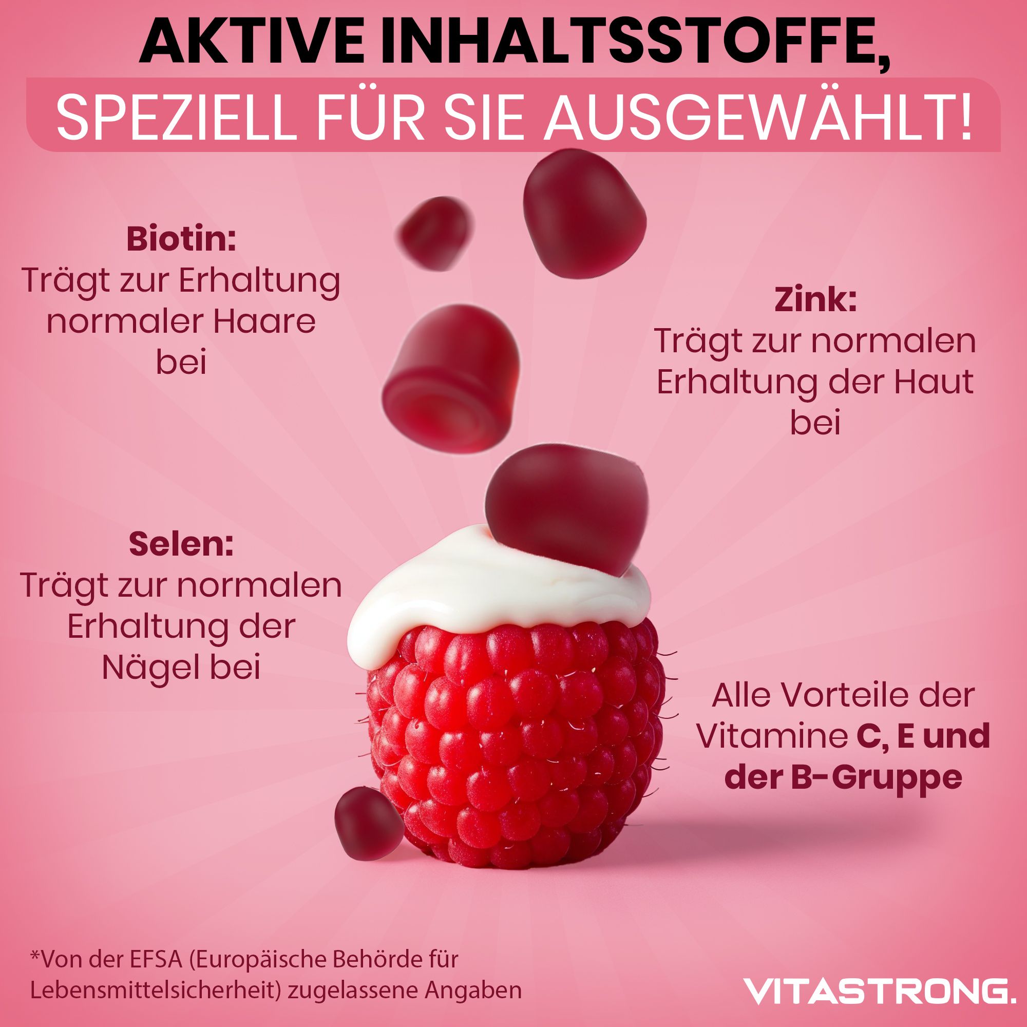 Image de framboise avec des gommes. Texte : Biotine, Zinc, Sélénium. Tous les bienfaits des vitamines C, E et B. Vitastrong.