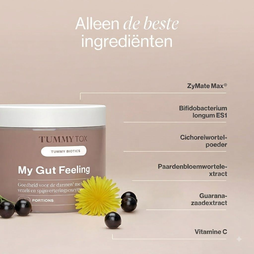 Bruine pot met opschrift 'My Gut Feeling' en 'Tummy Biotics', naast paardenbloem en bessen.