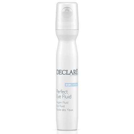Flacon blanc avec applicateur roll-on. Inscription : DECLARE, Perfect Eye Fluid, Fluide des Yeux.