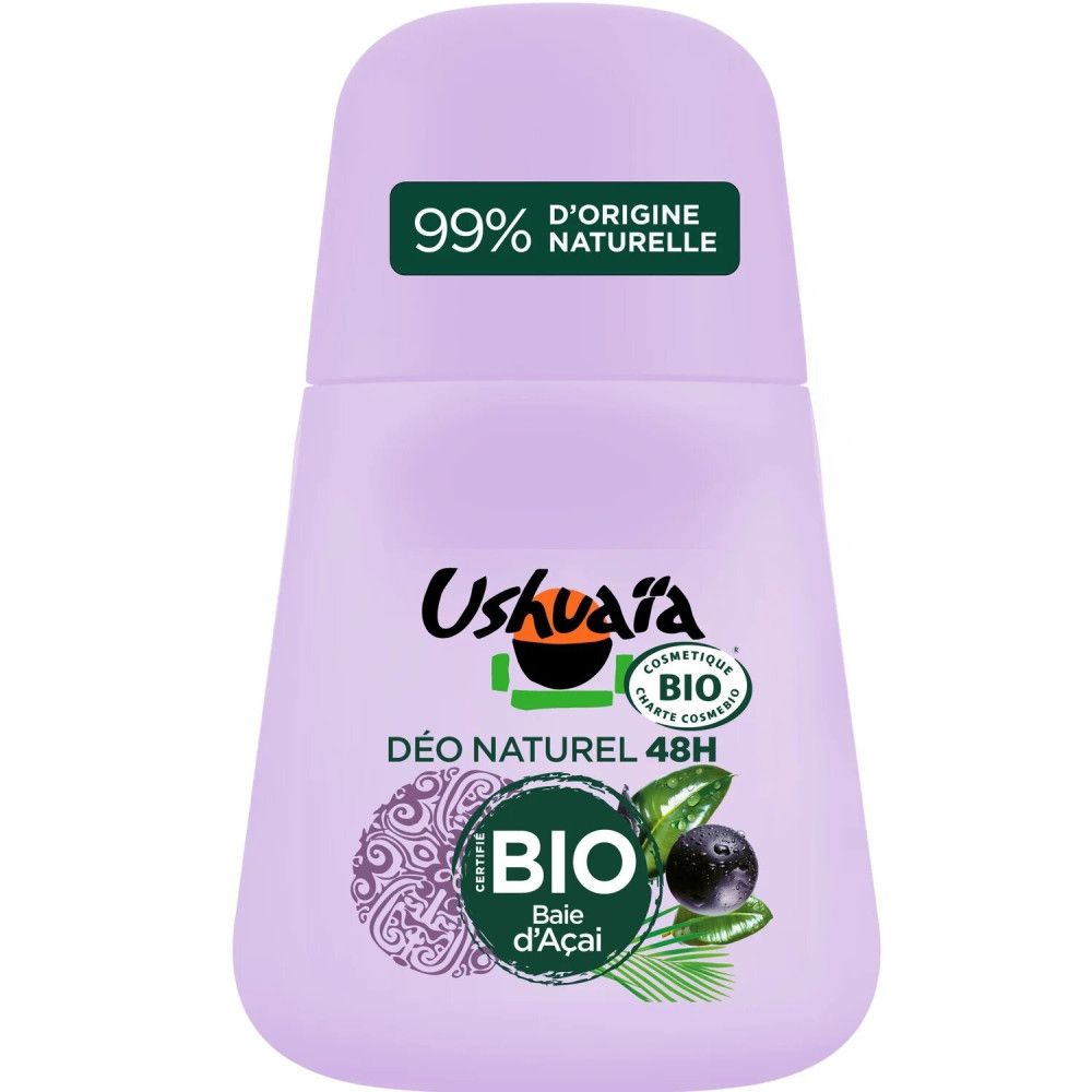 Déodorant roll-on violet. Inscriptions: Ushuaïa, Bio, Déo Naturel 48H, Baie d'Açaï. Étiquettes vertes et blanches: 99% d'origine naturelle.