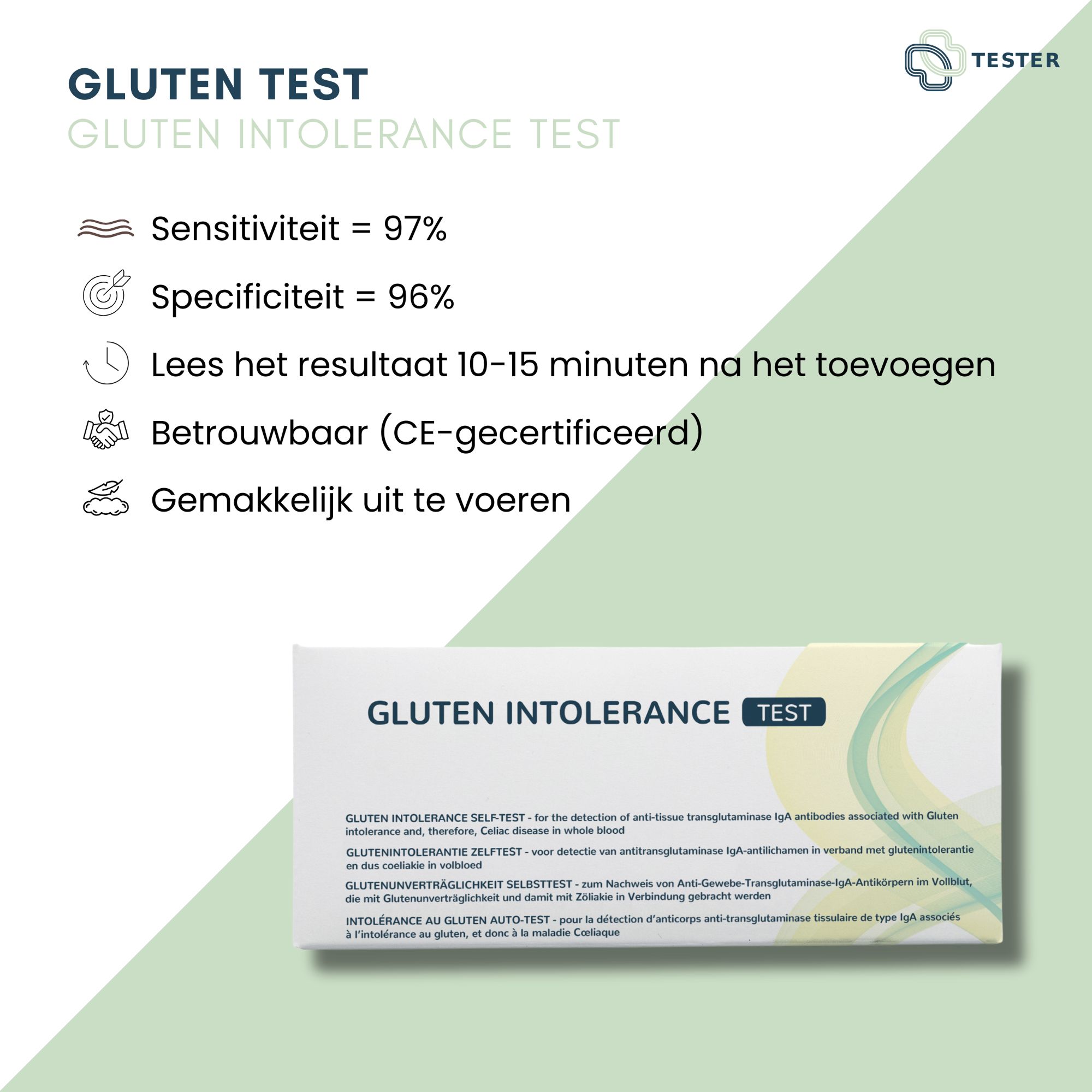 Infographic met informatie over de glutentest. Gevoeligheid, specificiteit, resultaat en CE-certificering.