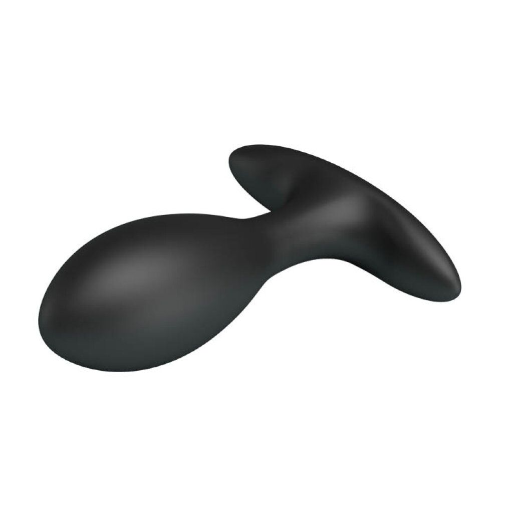 Zwarte opblaasbare anale plug in gebogen zijaanzicht, geïsoleerd op witte achtergrond.