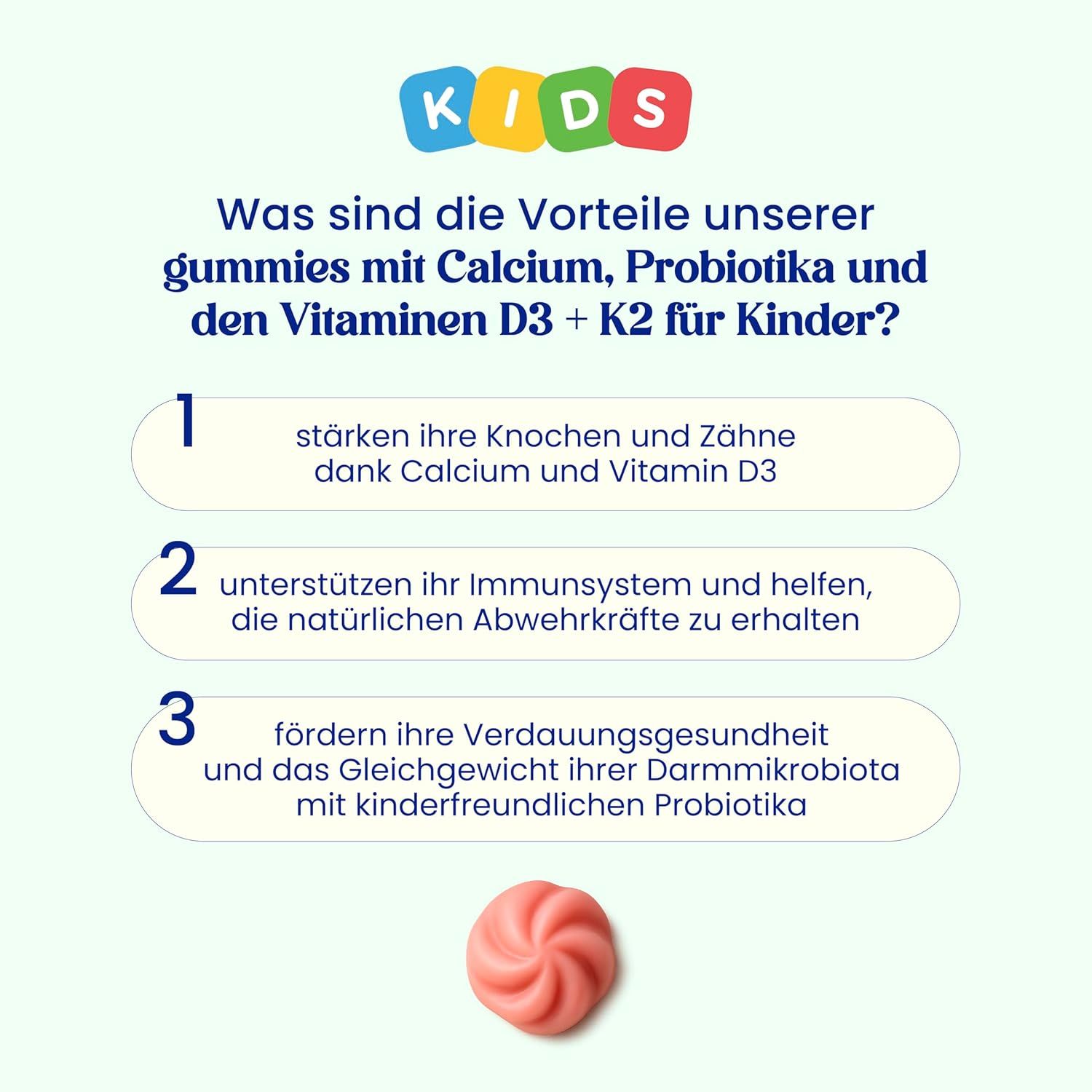 Infographie avec trois avantages des gummies avec calcium, probiotiques et vitamines D3 + K2 pour enfants. Un bonbon.