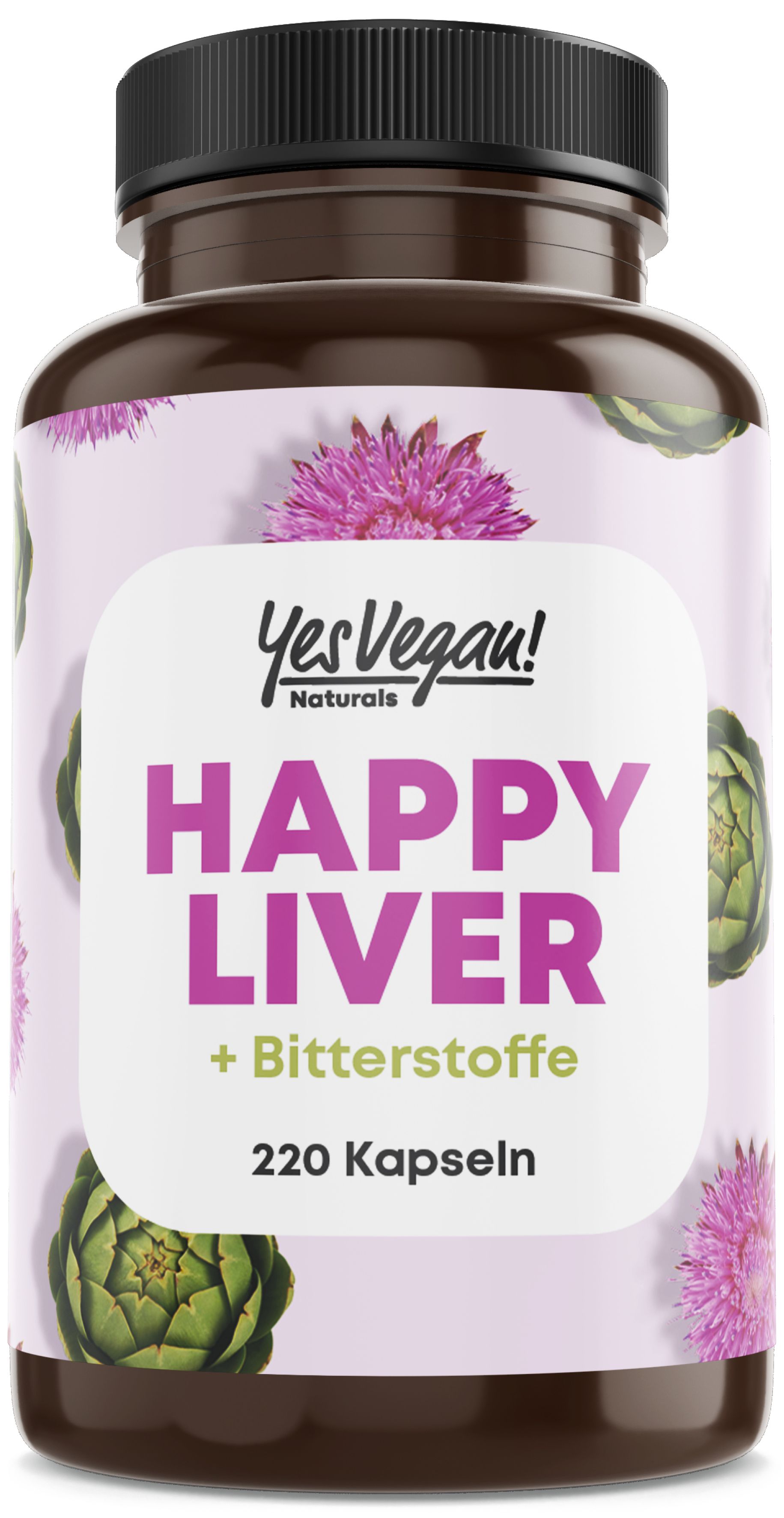 Flacon brun de gélules. Inscription: Yes Vegan Naturals Happy Liver + Bitterstoffe. 220 gélules.