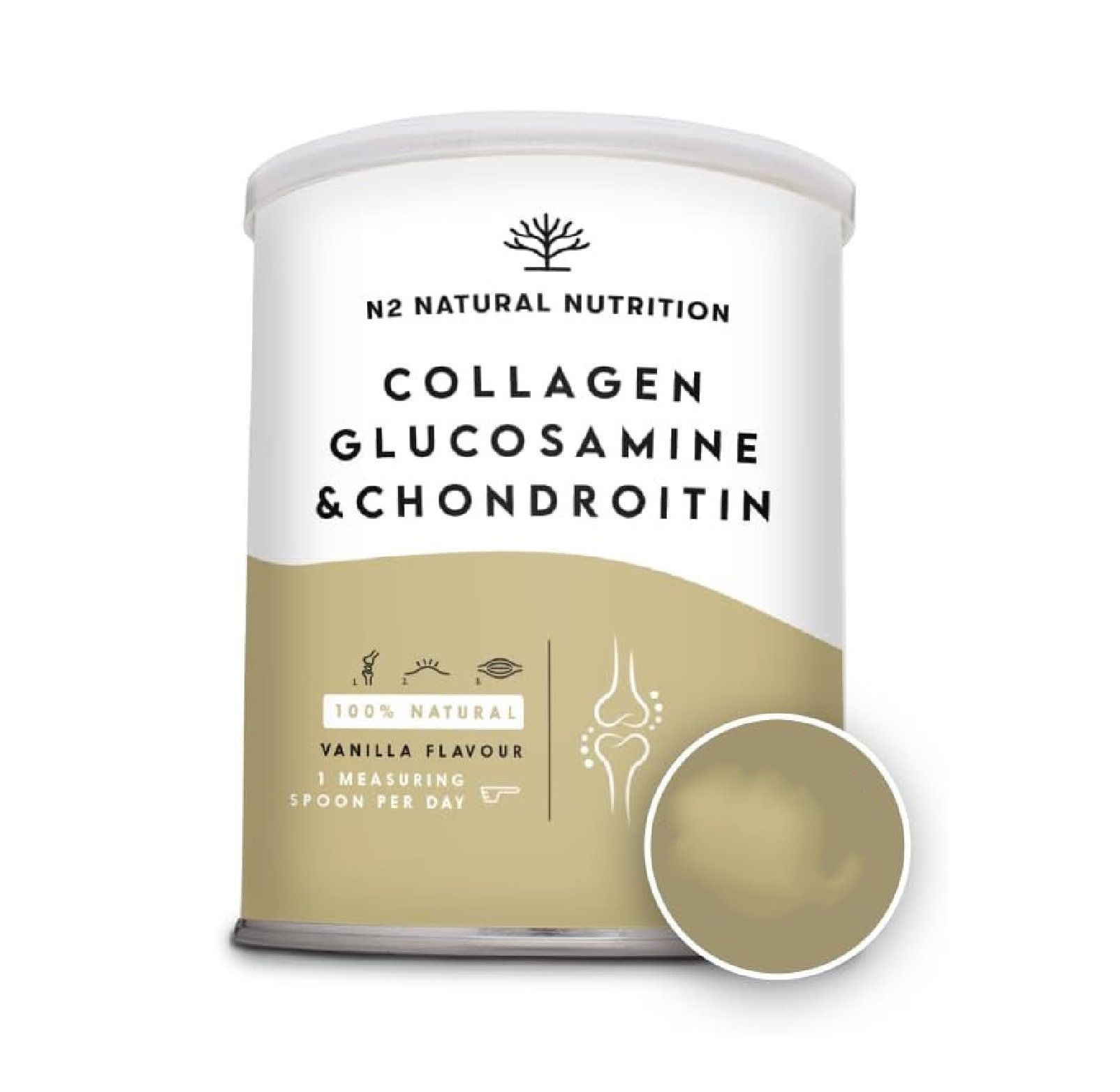 Boîte de poudre N2 Natural Nutrition Collagen Glucosamine & Chondroitin. Saveur vanille. Contient une cuillère doseuse.
