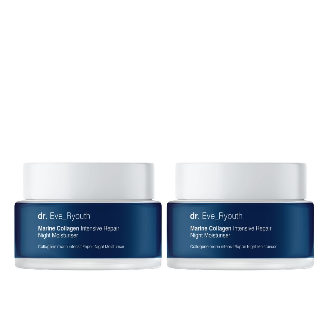 Deux pots de crème de nuit Dr. Eve_Ryouth. Récipients bleus avec couvercles blancs. Inscription: Marine Collagen Intensive Repair Night Moisturiser.