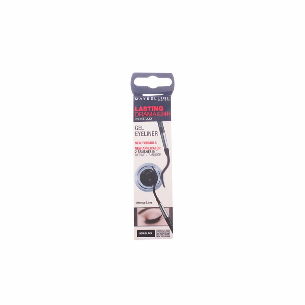 Verpakking met zwarte gel eyeliner en applicator. Merk Maybelline New York. Tekst: Lasting Drama 24H.