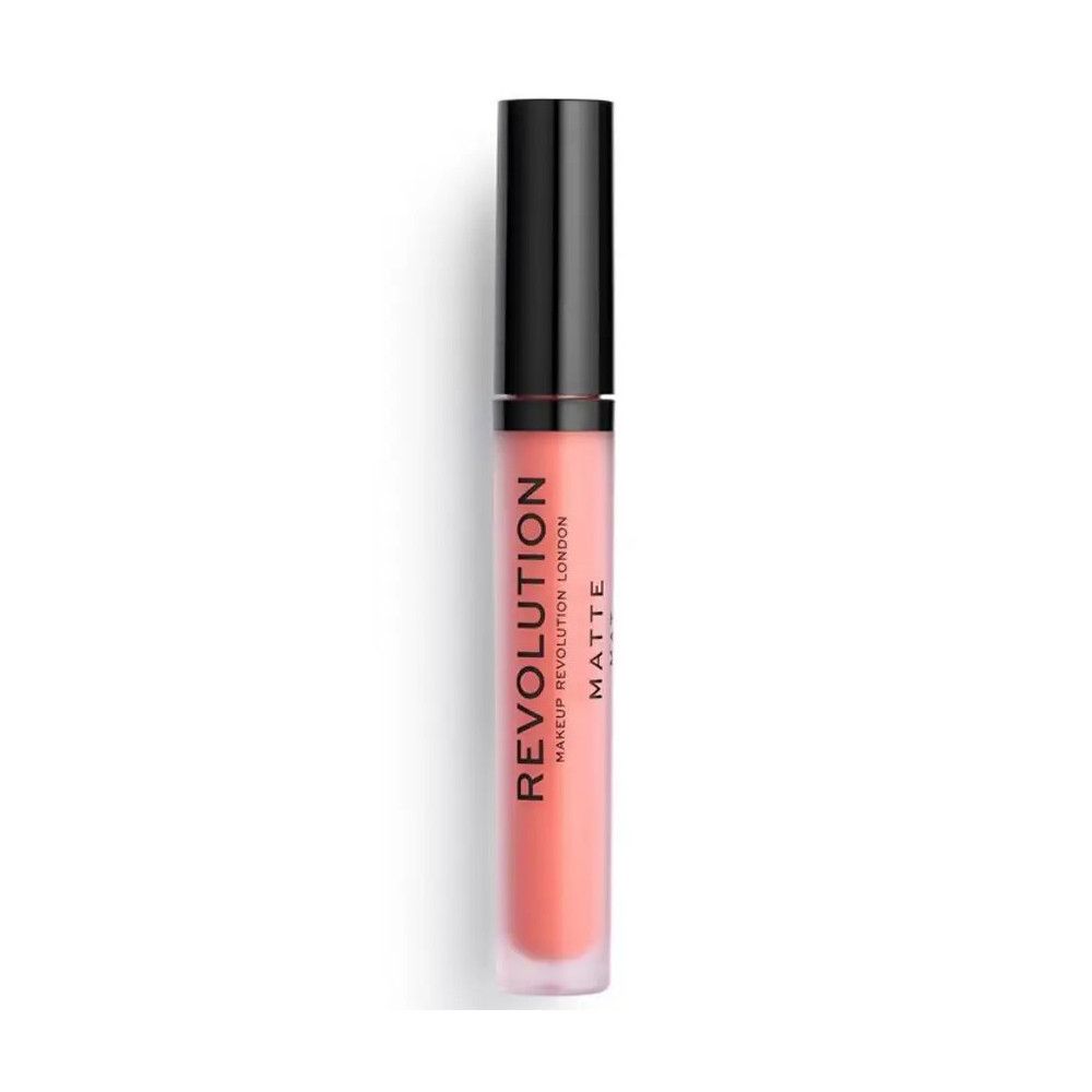 Tube de gloss avec bouchon noir. Inscription REVOLUTION LONDON MATTE. Gloss rose visible.