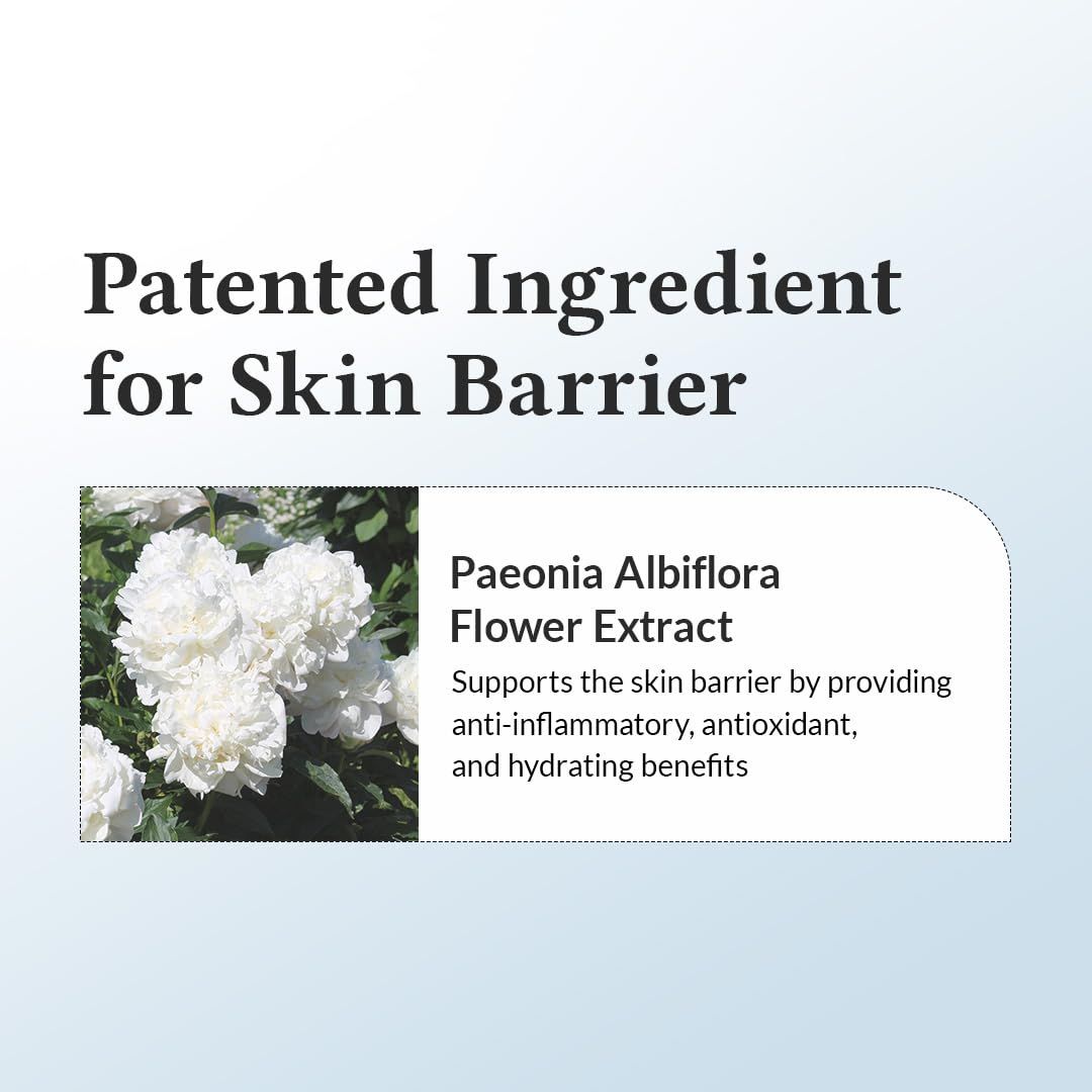 Texte: Ingrédient breveté pour la barrière cutanée. Paeonia Albiflora Flower Extract. Soutient la barrière cutanée.