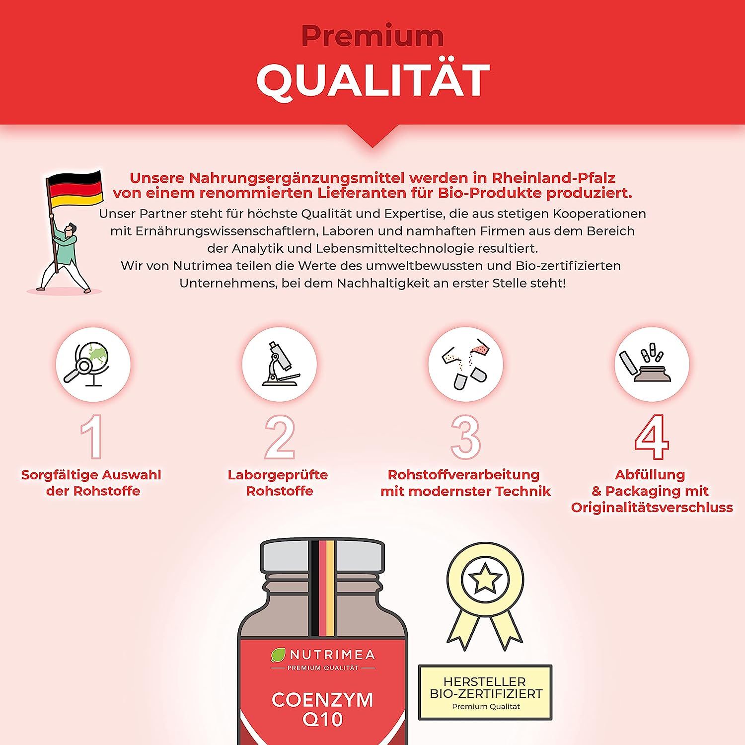 Grafiek met informatie over Premium kwaliteit. Toont een fles met het product en certificeringen.