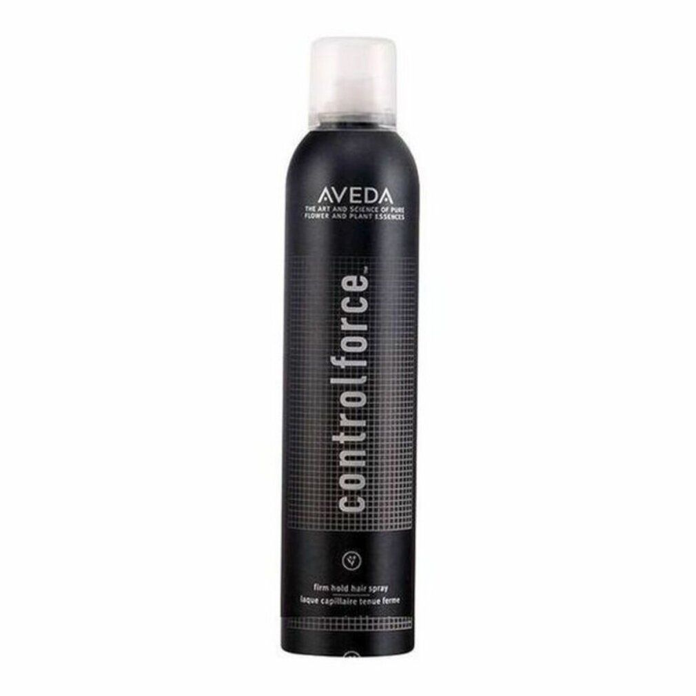 Aveda Controlforce laque en bombe noire avec capuchon blanc. Inscriptions : Aveda, controlforce, firm hold hair spray.