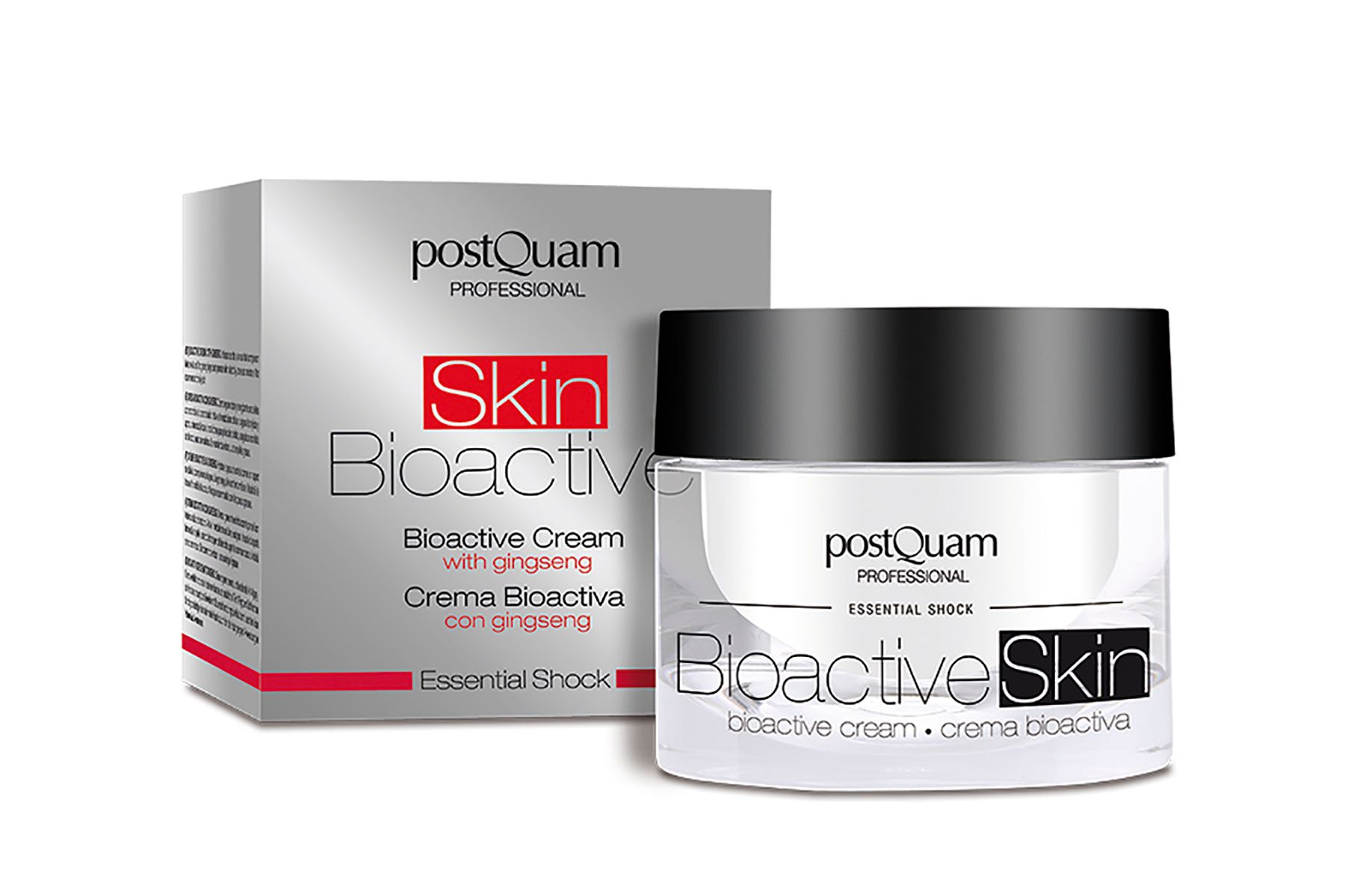 Pot de crème avec couvercle noir et emballage du produit à côté. "Bioactive Skin" est écrit sur le pot.