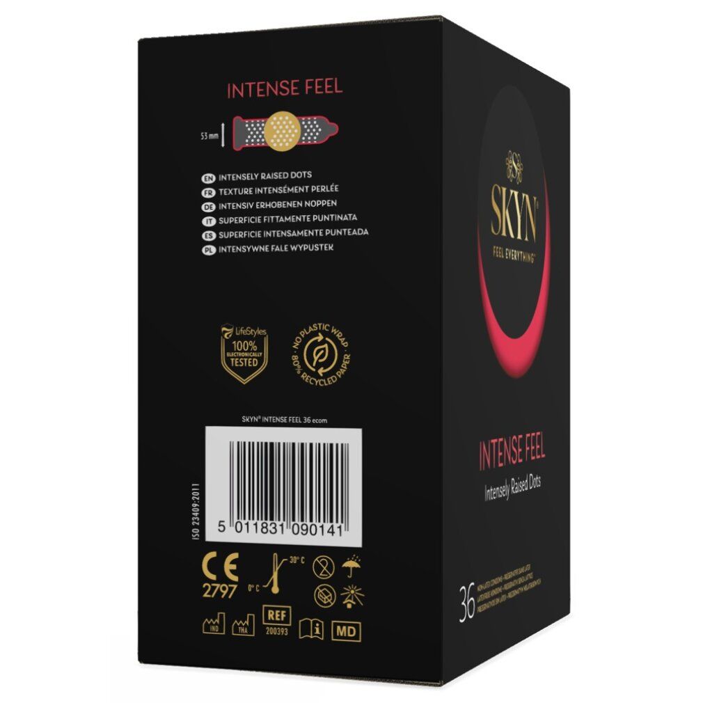 Achterkant van de zwarte verpakking. Productnaam, barcode, certificeringen en informatie. "Intense Feel" en "36" zichtbaar.