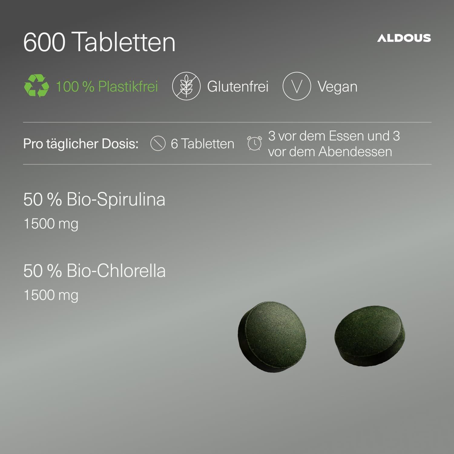 Aldous Spirulina + Chlorella Tabletten blik, 600 tabletten, 100% plasticvrij, glutenvrij, vegan.