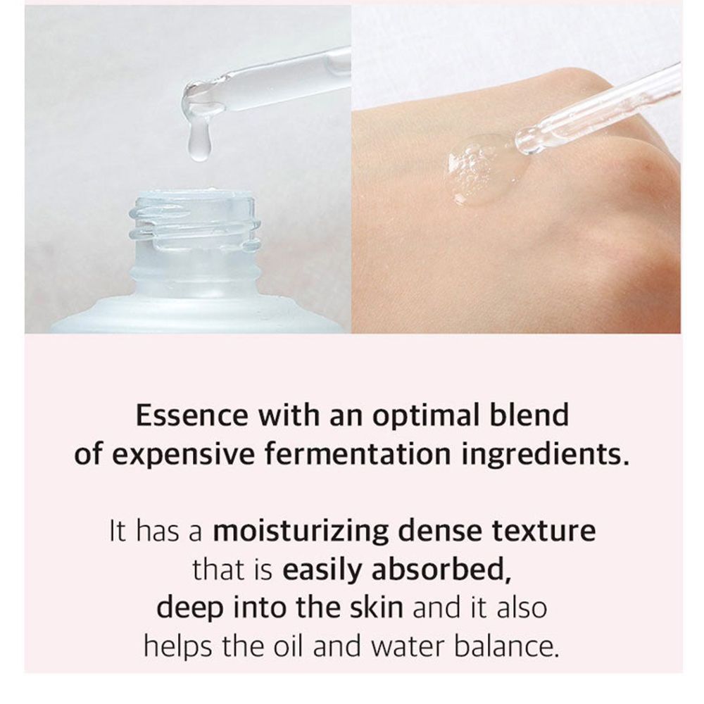 Twee afbeeldingen: serumfles en druppels op de huid. Tekst: Essence met ingrediënten. Vocht inbrengende textuur.