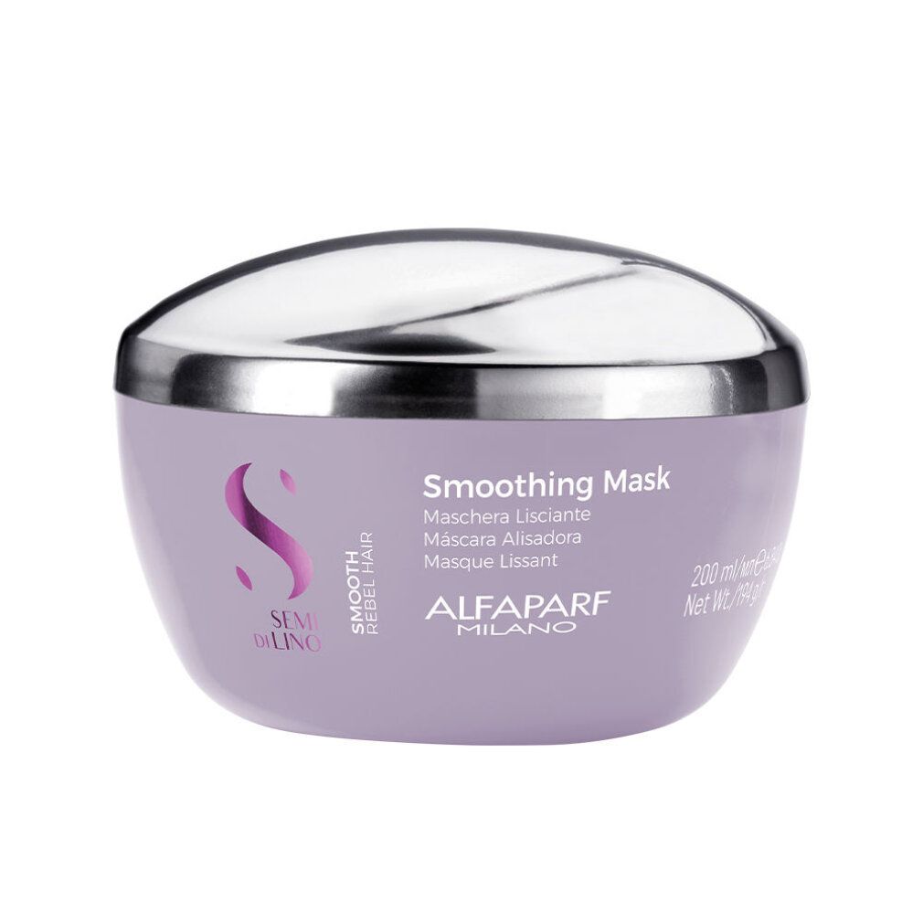 Paarse pot met zilveren deksel. Opschrift: Smoothing Mask, Semi di Lino, Alfaparf Milano. Productnaam en merk zichtbaar.