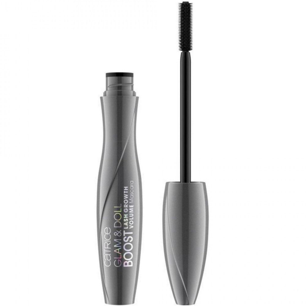 Brosse de mascara grise avec brosse noire. Inscription : Catrice Glam & Doll Lash Growth Volume Booster.