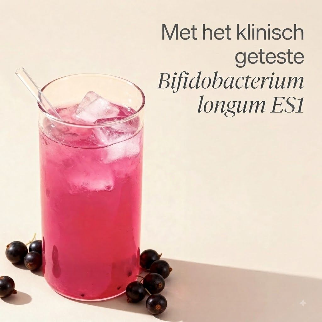 Een glas met roze drank, ijsblokjes en een rietje, ernaast zwarte bessen. Tekst: Met het klinisch geteste Bifidobacterium longum ES1.