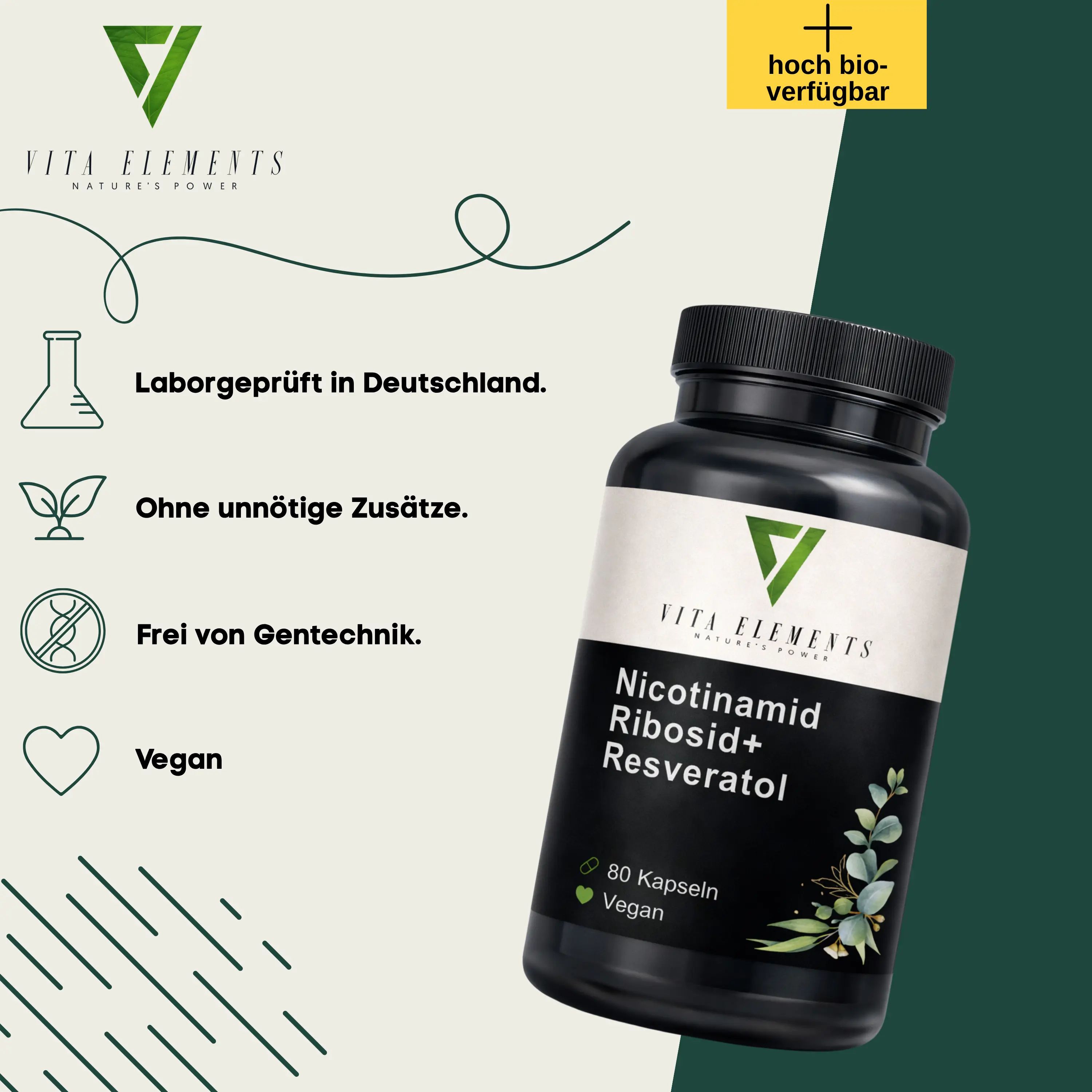 Capsules Vita Elements Nicotinamide Riboside+ Resveratrol : testées en laboratoire, sans additifs, sans OGM, véganes.