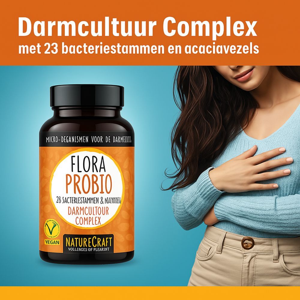Bruine fles met capsules. Opschrift: Flora Probio, Darmcultuur Complex. Vegan-label.