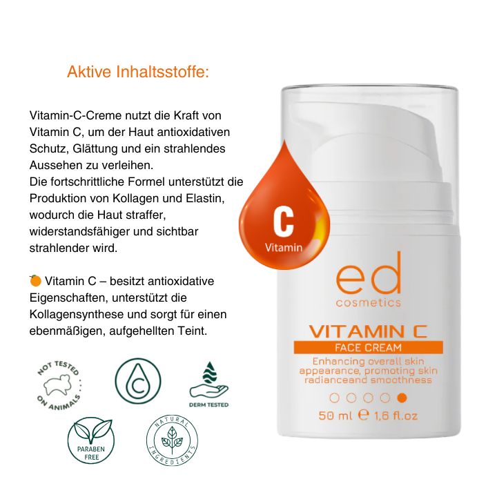 Flacon blanc avec étiquette orange. Texte : Vitamin C Face Cream, ed cosmetics. Texte et logos supplémentaires.
