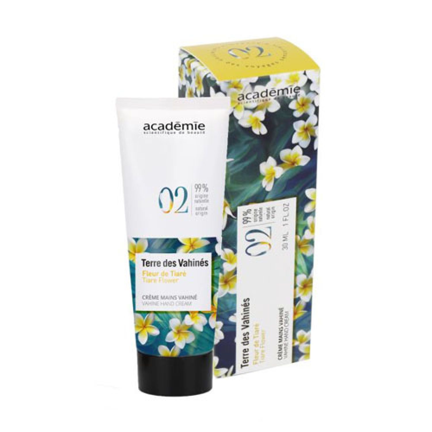 Tube et boîte de crème pour les mains. Blanc, motif floral, texte: Académie, Terre des Vahinés, Crème Mains Vahiné, 02.