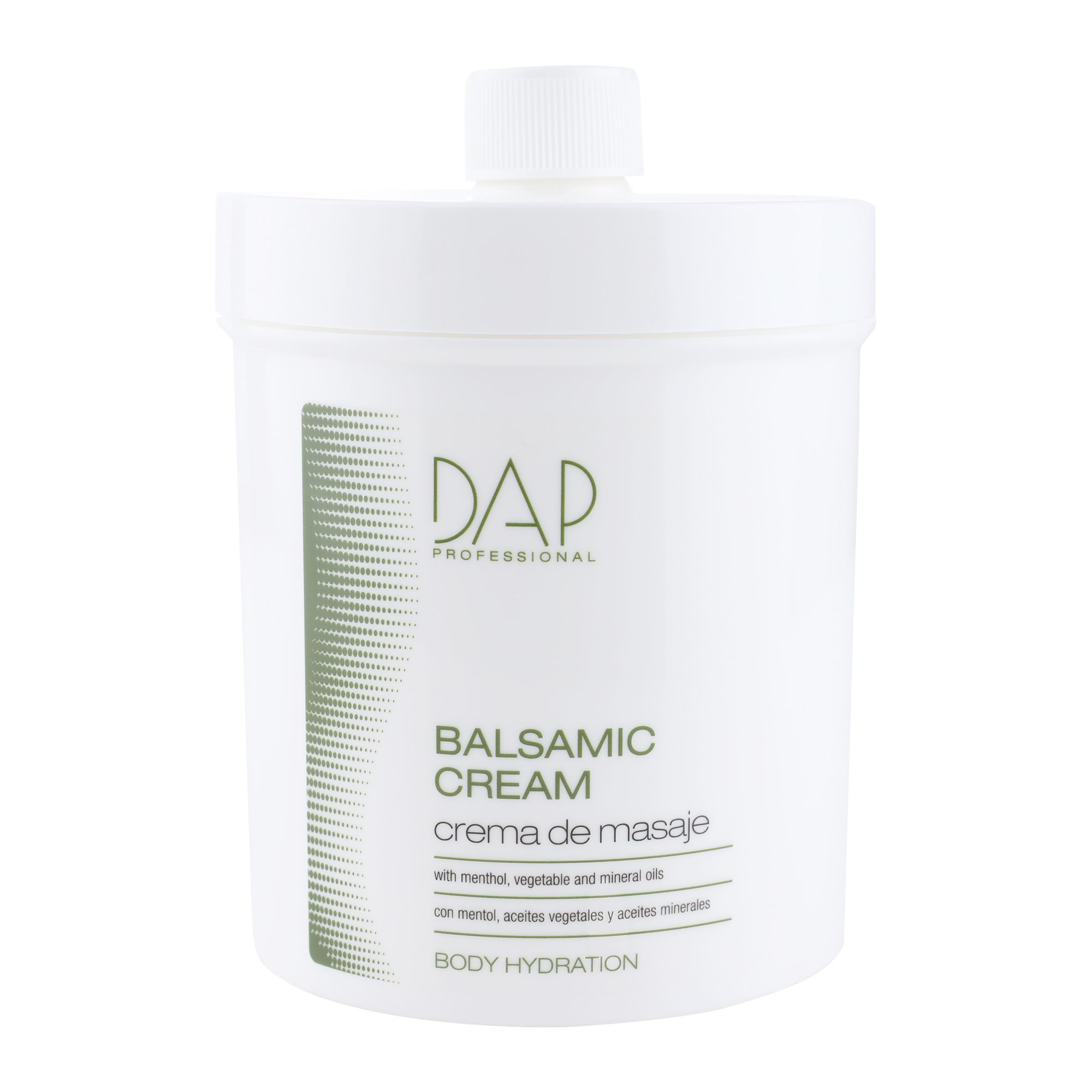 Récipient blanc avec inscription 'DAP PROFESSIONAL BALSAMIC CREAM crema de masaje'.