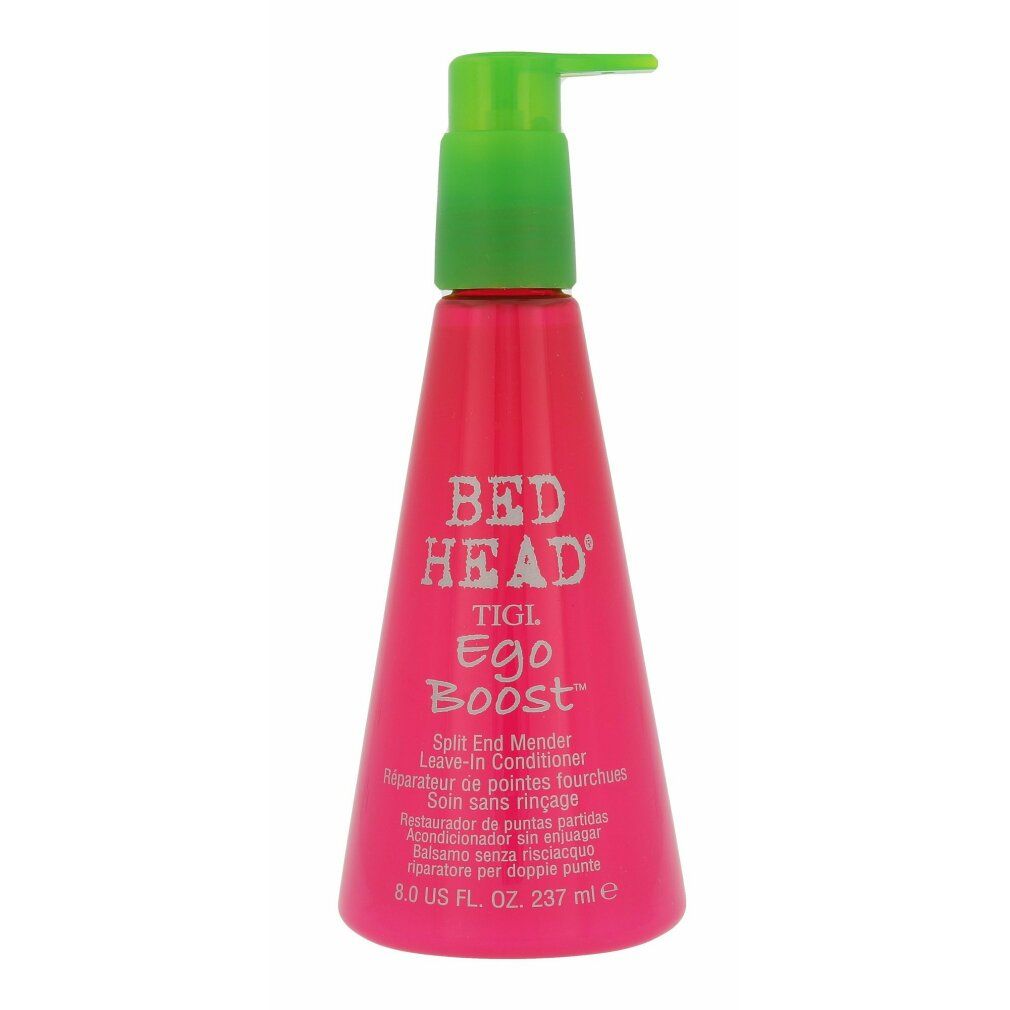 Roze fles met groene pomp. Opschrift: BED HEAD, TIGI, Ego Boost. Meertalige tekst. Volume: 8.0 US FL. OZ., 237 ml.