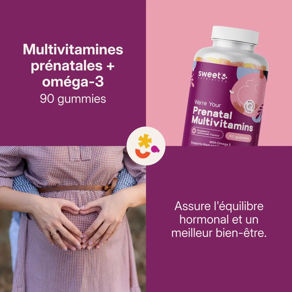 Image produit: Sweet Nutribites Multivitamines prénatales avec oméga-3. 90 gommes. Femme avec mains sur le ventre.