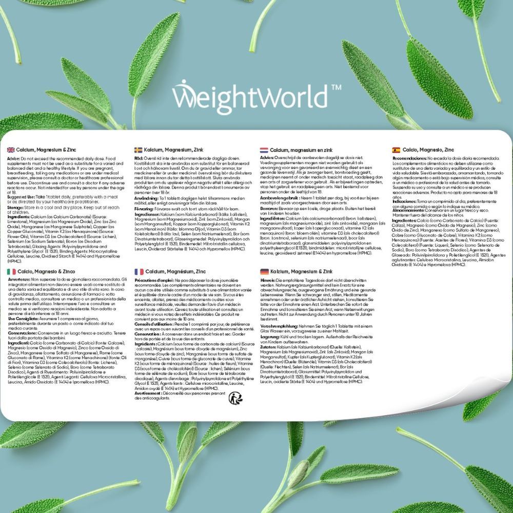 Emballage multilingue. WeightWorld Calcium, Magnésium & Zinc. Ingrédients, utilisation, avertissements.