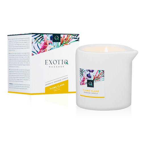 Witte massagekaars met schenktuit en etiket. Op de verpakking: Exotiq Massage, Ylang Ylang.