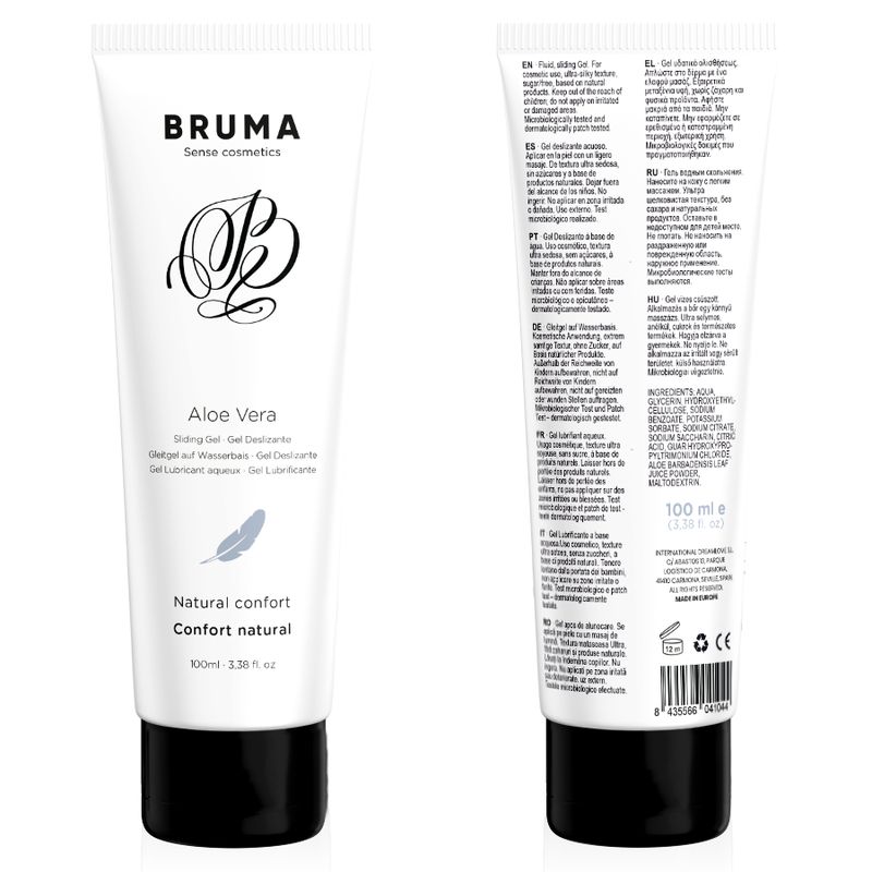 Tube blanc avec bouchon noir. Inscription BRUMA, Aloe Vera, gel lubrifiant, confort naturel. Dos avec ingrédients et texte.