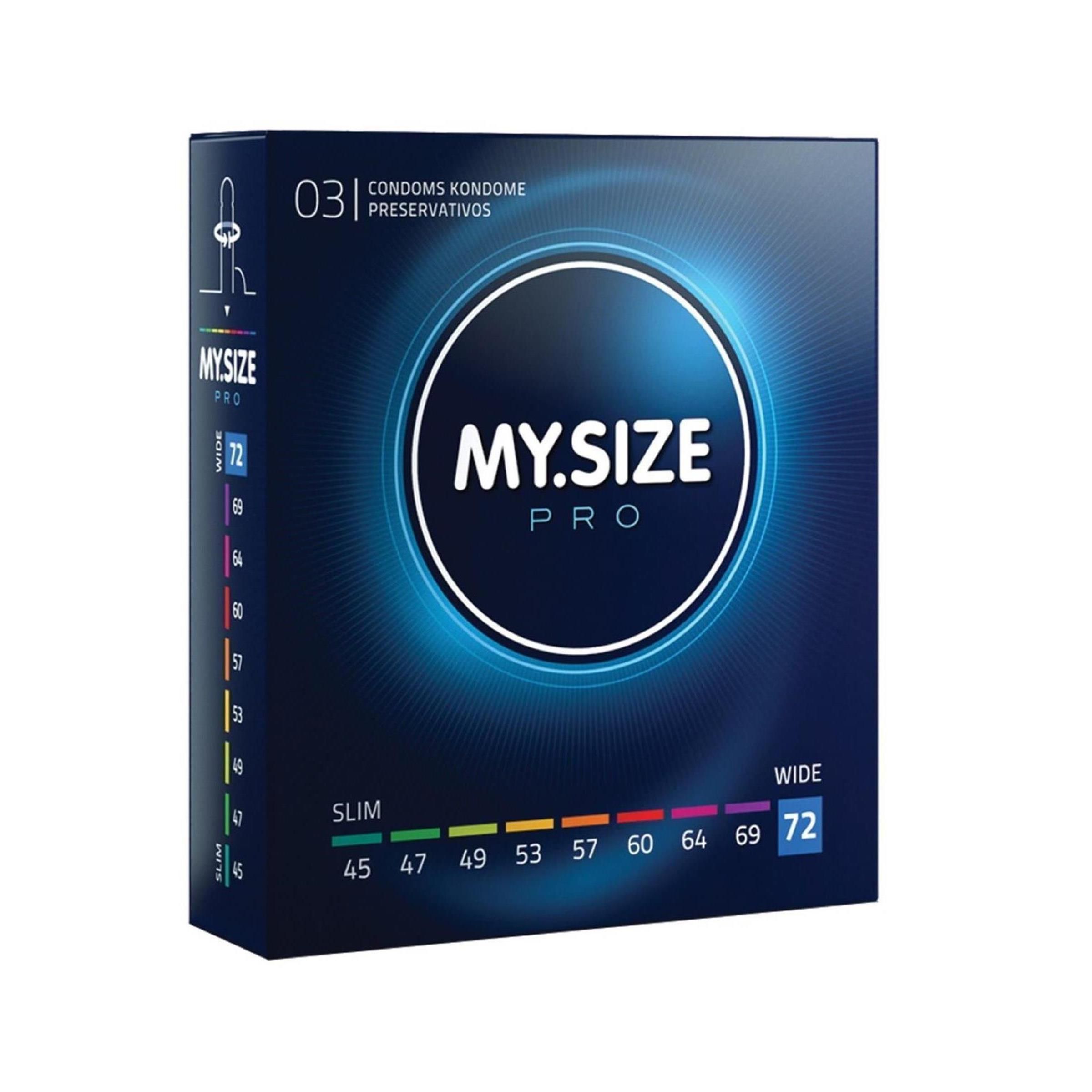 Verpakking van MY.SIZE PRO condooms. Blauwe doos met productnaam en maten. Maat 72mm is gemarkeerd.