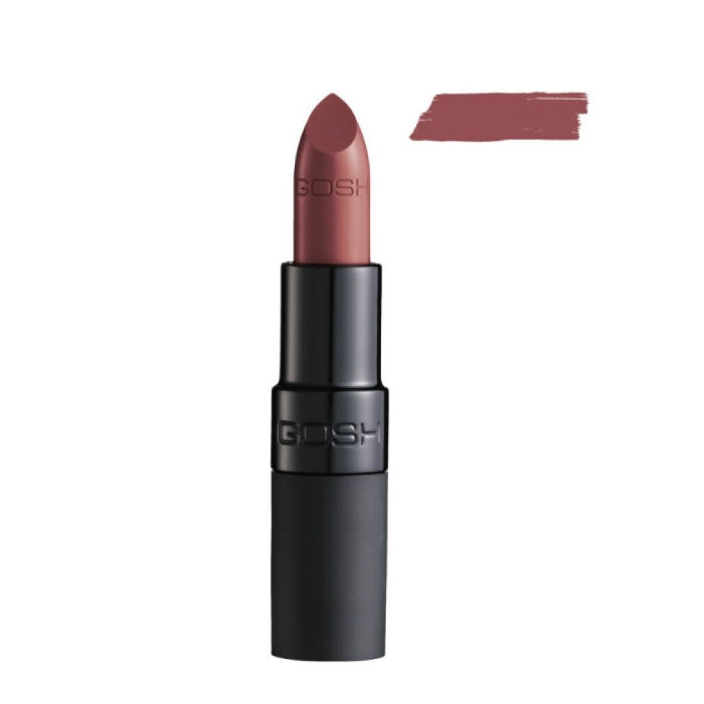 Rouge à lèvres GOSH brun-rouge mat avec tube noir et échantillon de couleur.