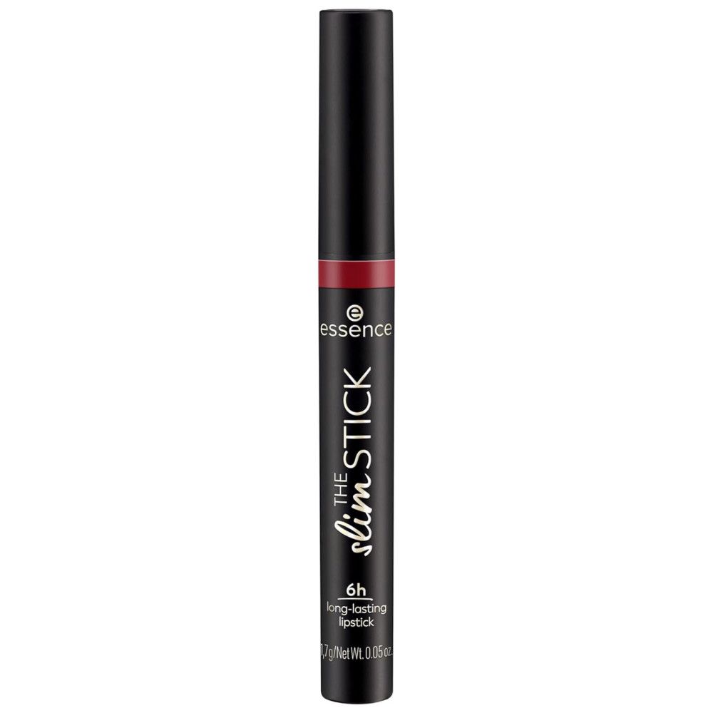 Rouge à lèvres fin noir avec extrémité rouge. Inscription: Essence, The Slim Stick, 6h long-lasting lipstick.