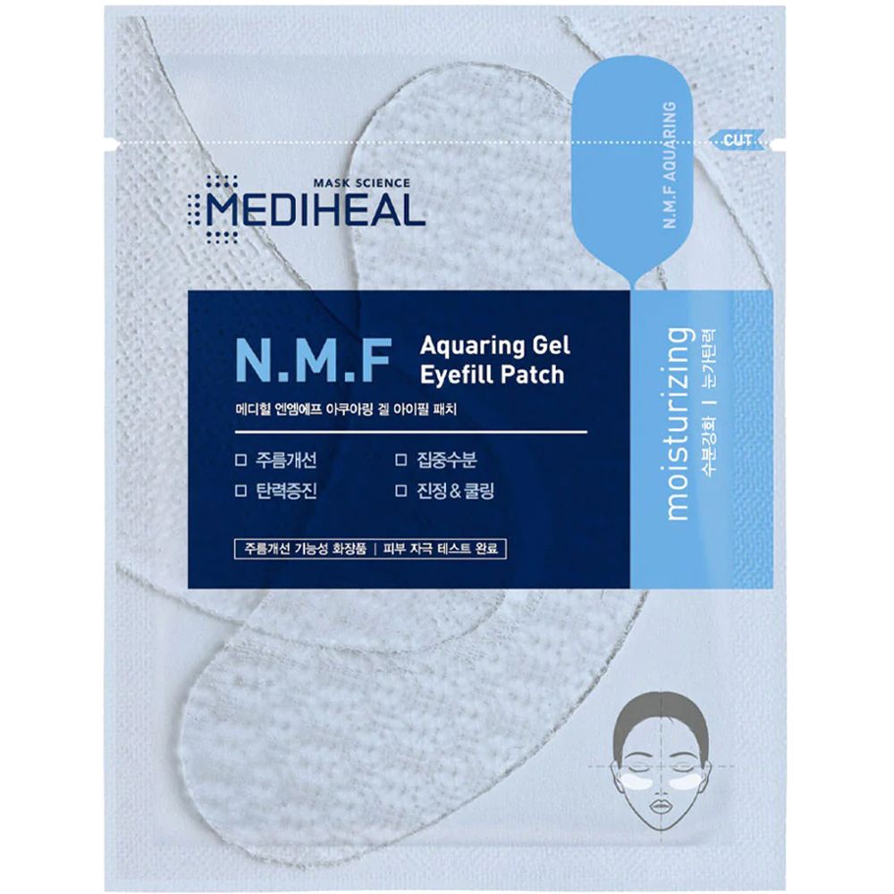 Emballage avec patchs pour les yeux. Texte: MEDIHEAL N.M.F Aquaring Gel Eyefill Patch. Patchs en emballage transparent.