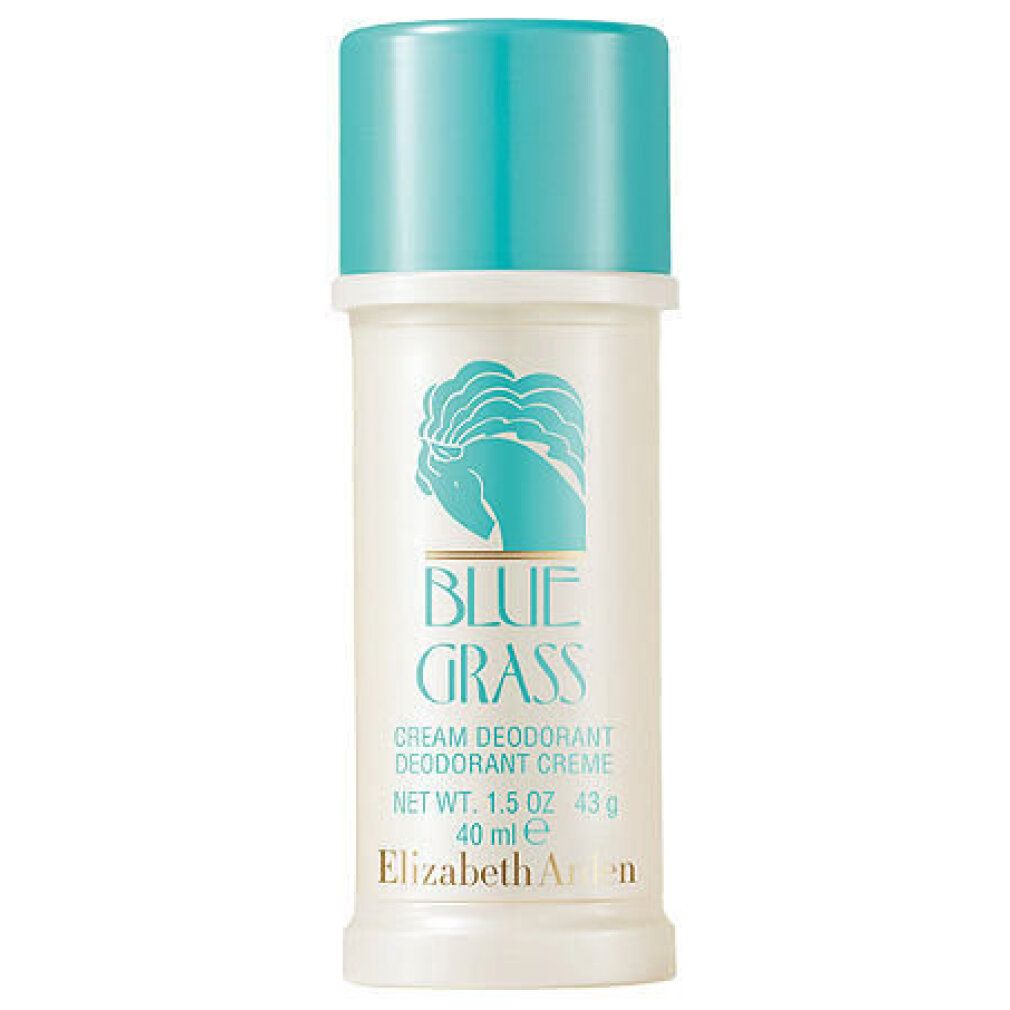 Deodorant stick. Witte houder met blauwe dop. Opschrift: Blue Grass, Cream Deodorant Creme, Elizabeth Arden.