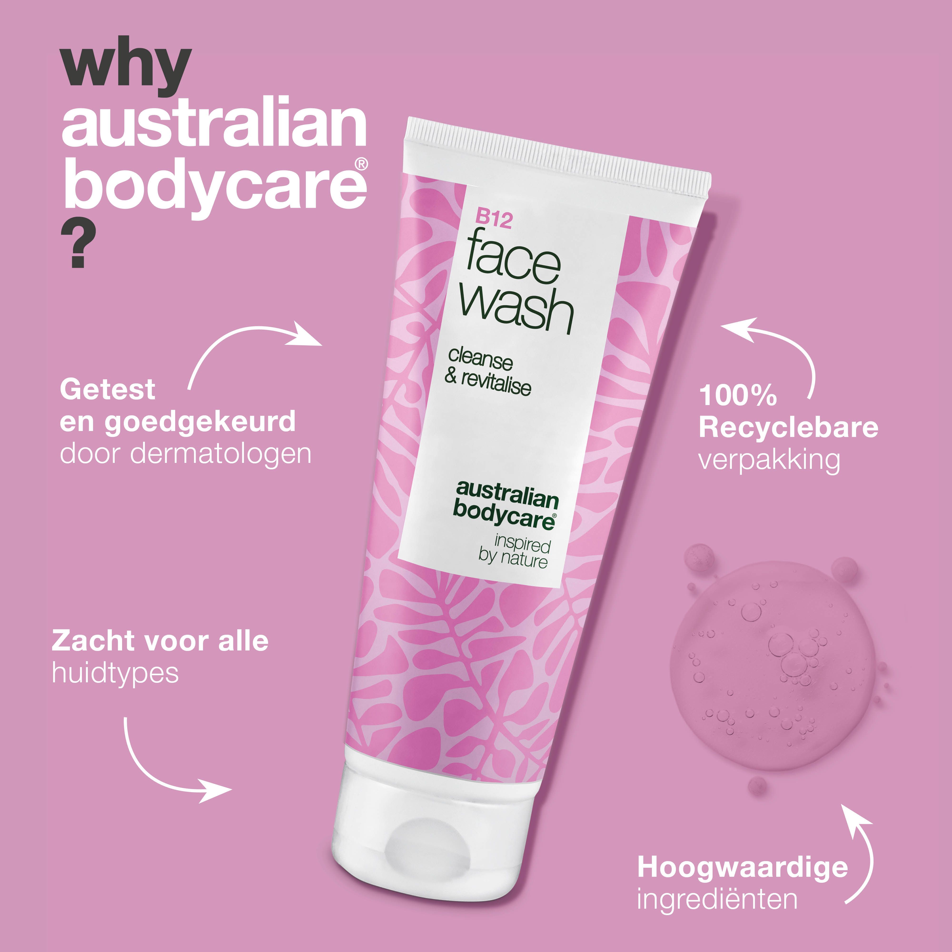 Tube gezichtsreiniger met tekst en iconen. Opschrift: B12 Face Wash, cleanse & revitalise, Australian Bodycare. 100% recyclebaar.