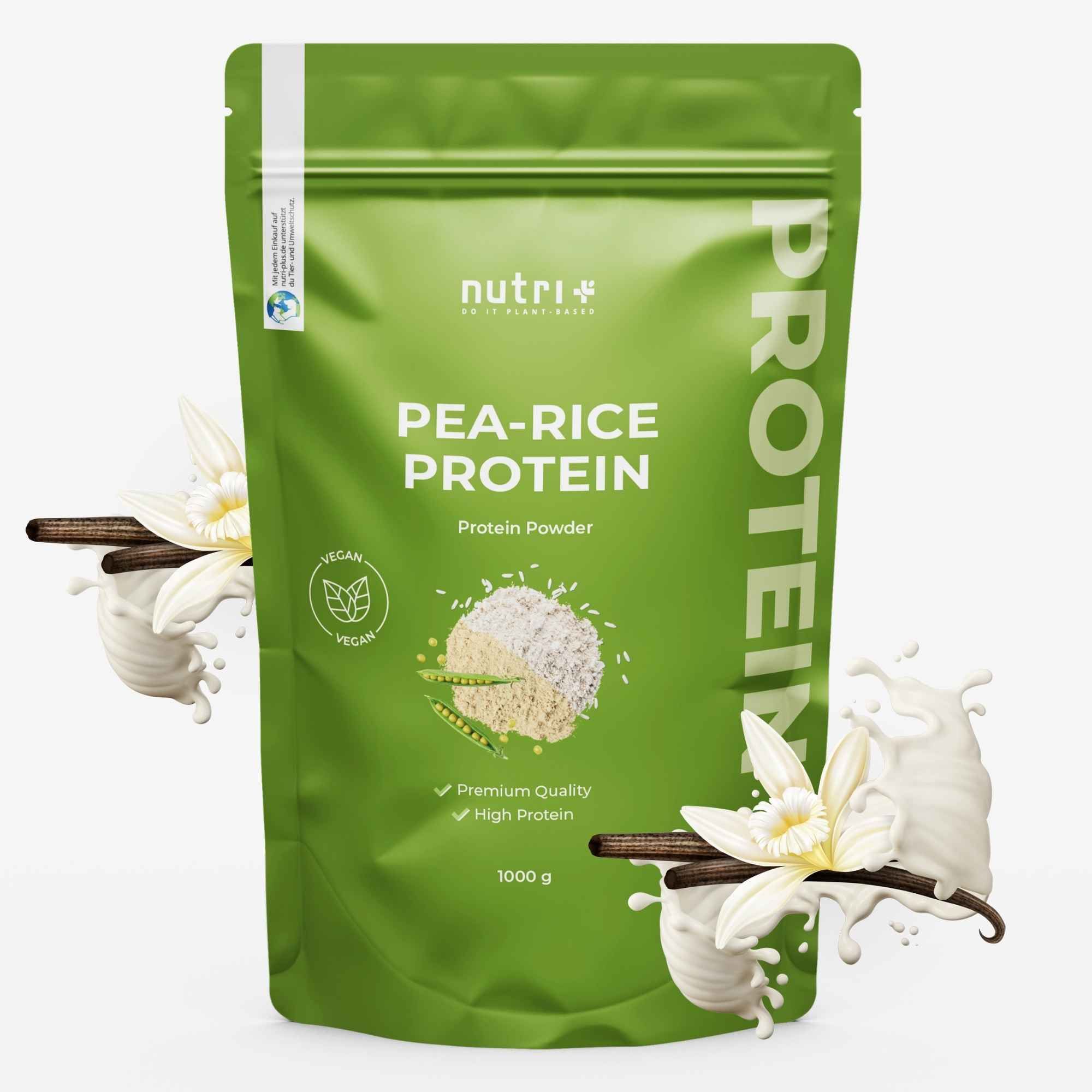 Groene zak nutri+ Erwten-Rijst Eiwit, 1000g. Met vanillebloesems en erwten.