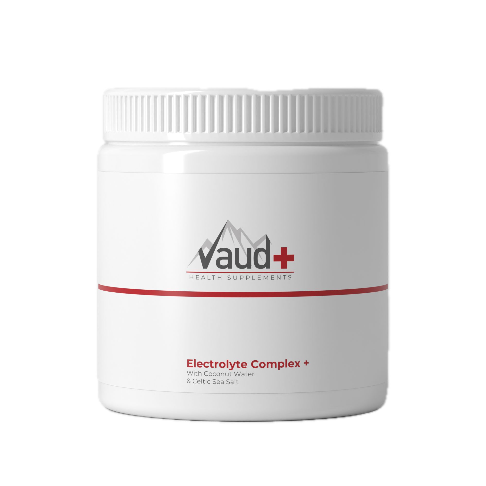 Pot blanc de poudre d'électrolytes avec ligne rouge. Logo Vaud+ et texte « Electrolyte Complex+ ».