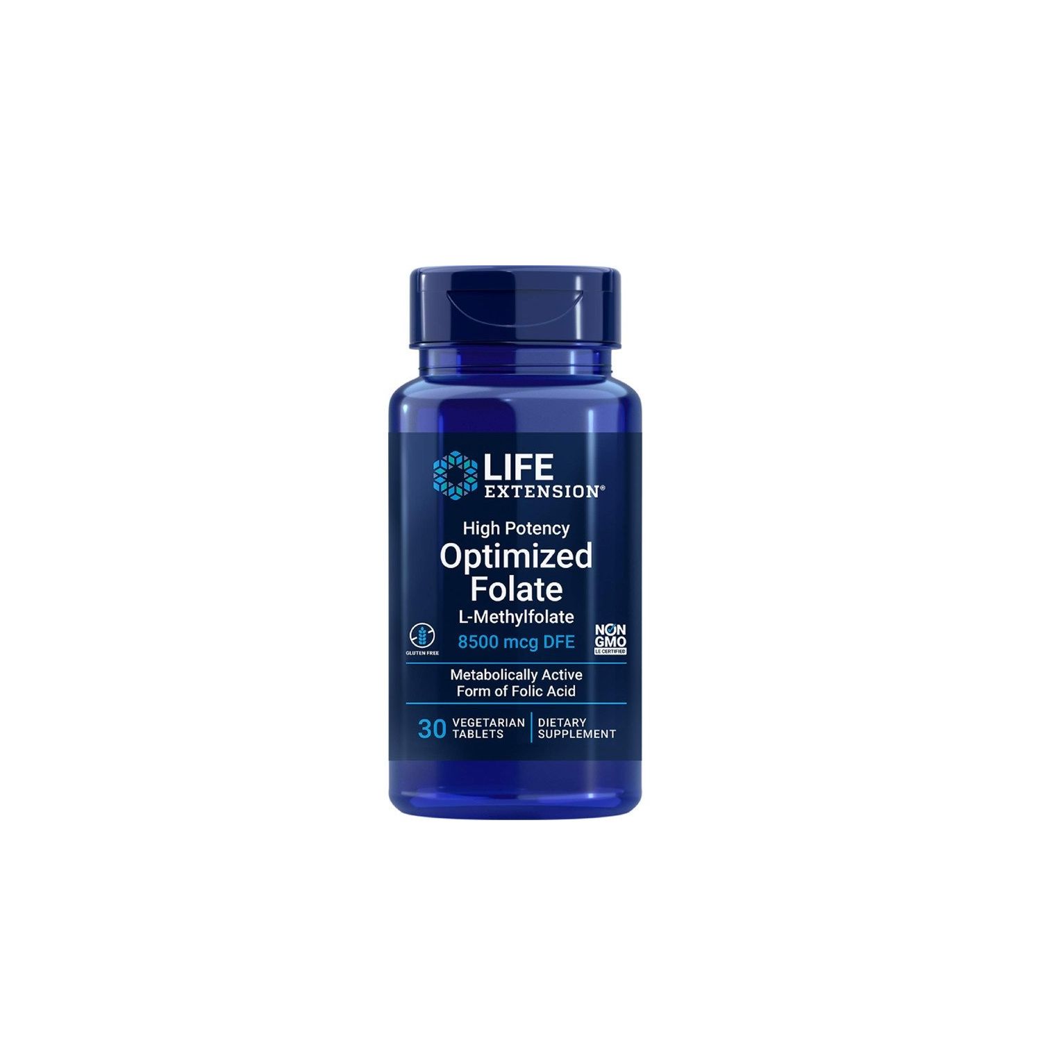 Bouteille Life Extension Optimized Folate à haute teneur, 30 comprimés végétariens.