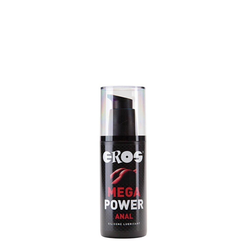 Flacon noir avec pompe. Inscription: EROS MEGA POWER ANAL SILICONE LUBRICANT. Étiquette transparente.