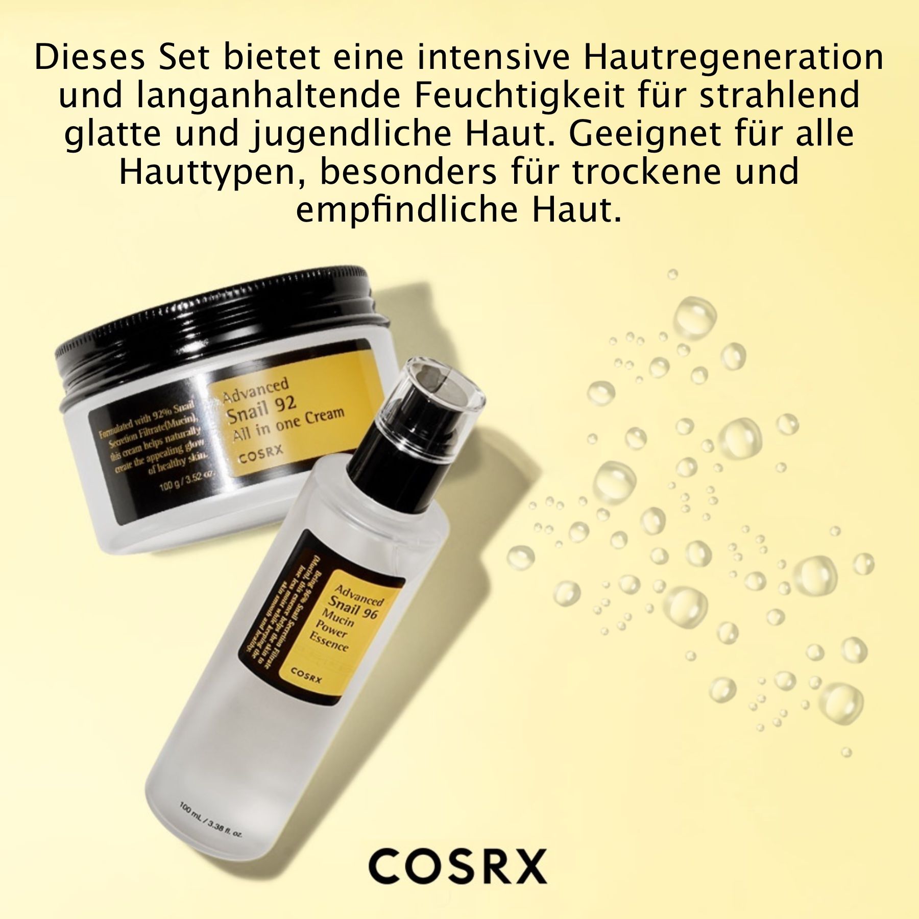 Twee producten: COSRX Advanced Snail 92 All In One Cream en 96 Mucin Power Essence. Witte containers met zwarte deksels en gele etiketten.