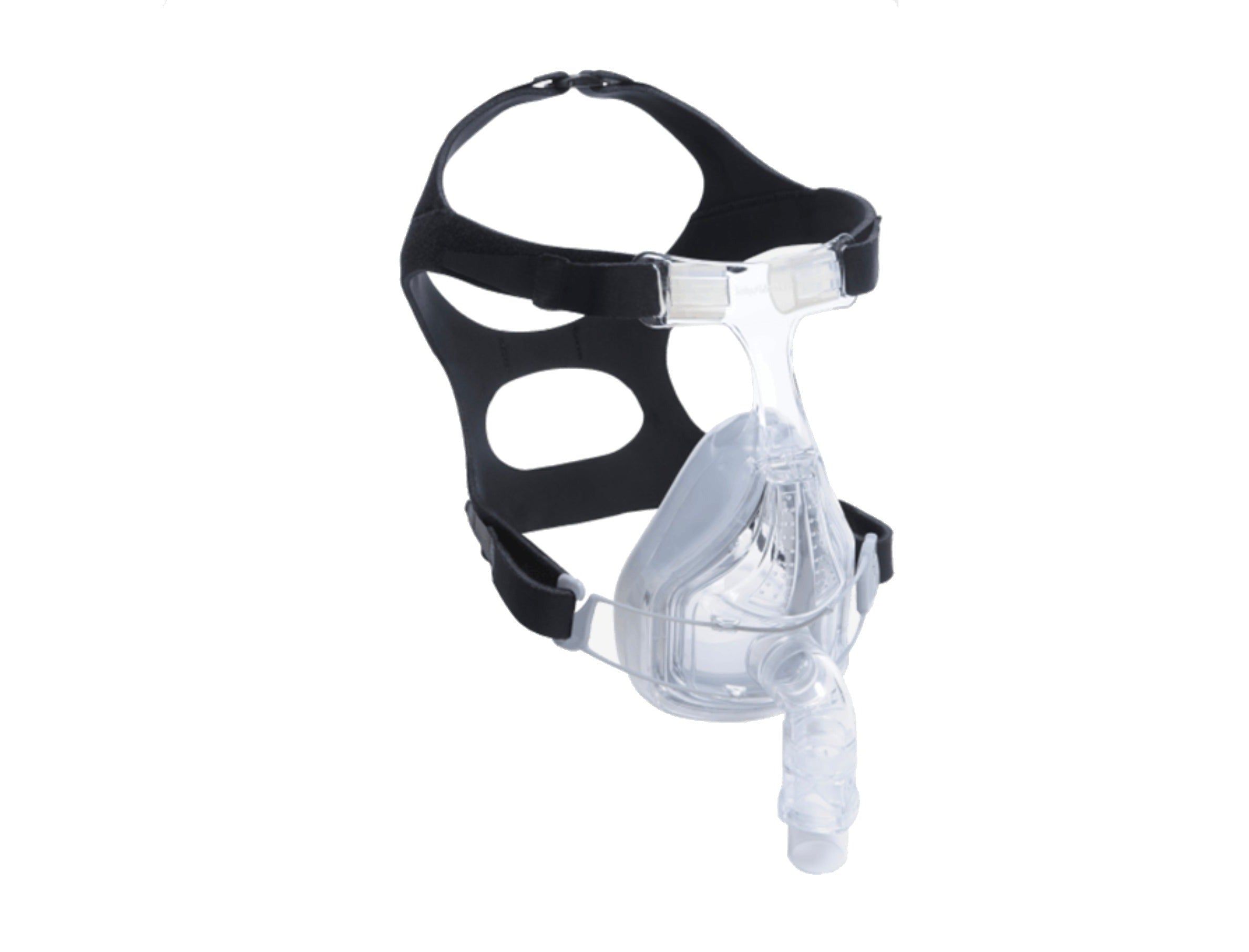 Transparant volledig gezichtsmasker met zwarte hoofdband en verstelbare clips.