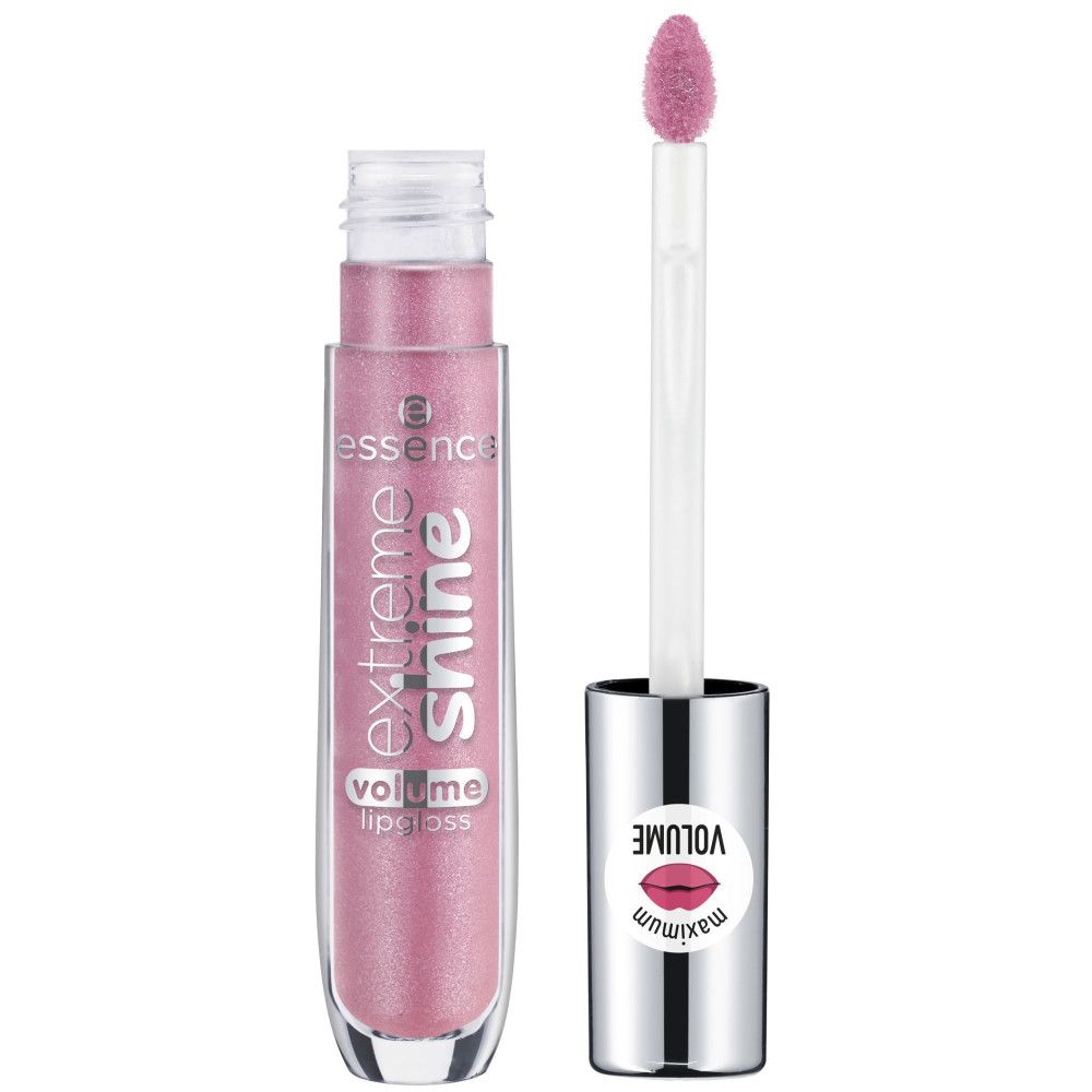 Open lipgloss tube met applicator. Opschrift: Extreme Shine Volume Lipgloss. Zilveren dop met lippen-symbool.
