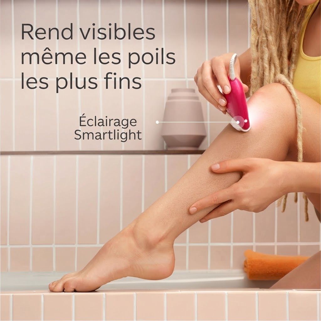 Femme utilisant le Braun Silk-épil 3 sur sa jambe. Smartlight éclaire les poils fins.