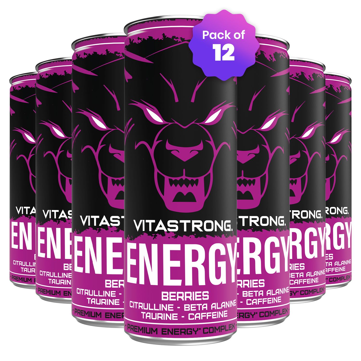 Plusieurs canettes Vitastrong Energy Berries. Design violet et noir, nom du produit, pack de 12.