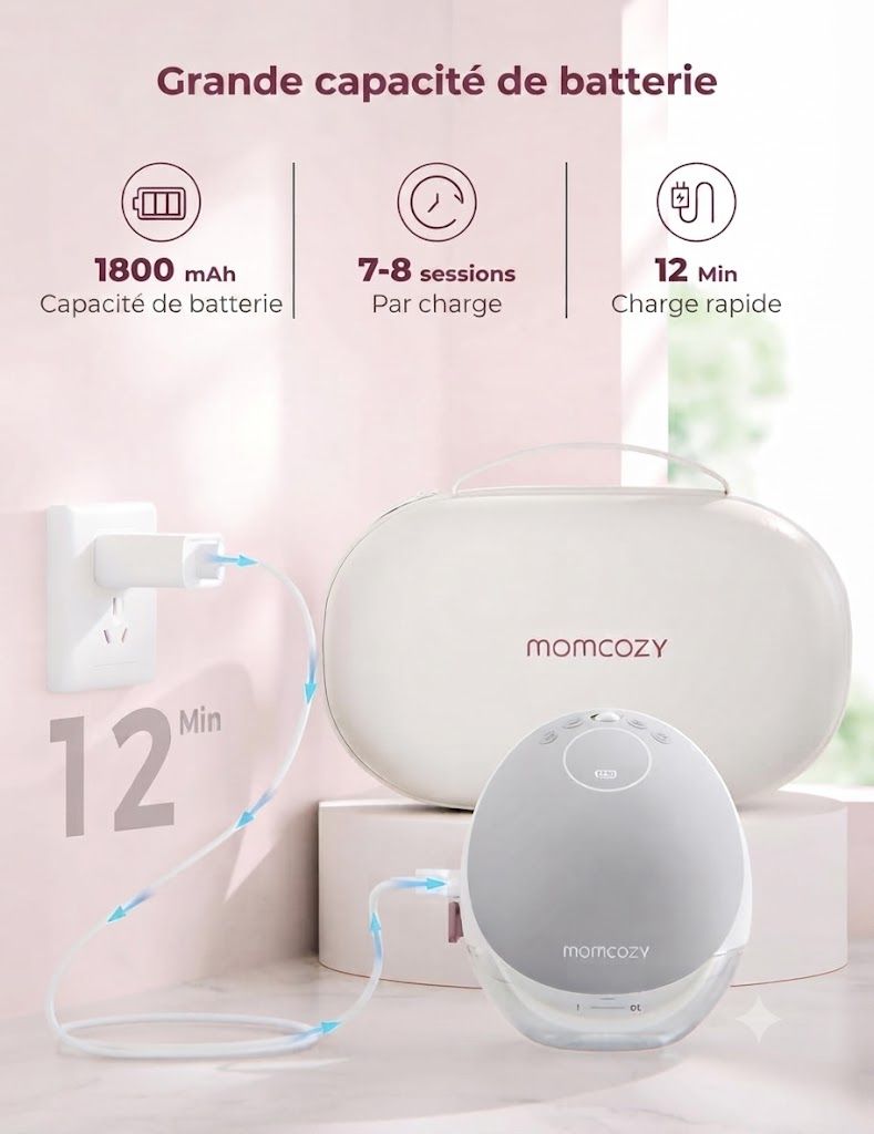 Un set de tire-lait portable Momcozy se chargeant par USB. L'indicateur de charge montre 12 minutes de temps de charge.