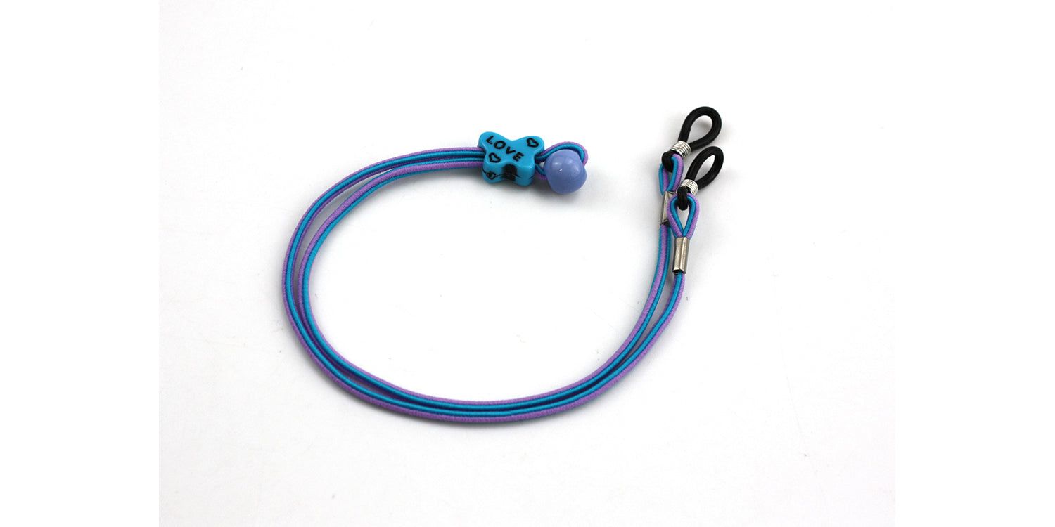 Brillenband, blauw-paars, met blauwe teddybeer-decoratie en koordeinden. Voor kinderbrillen.