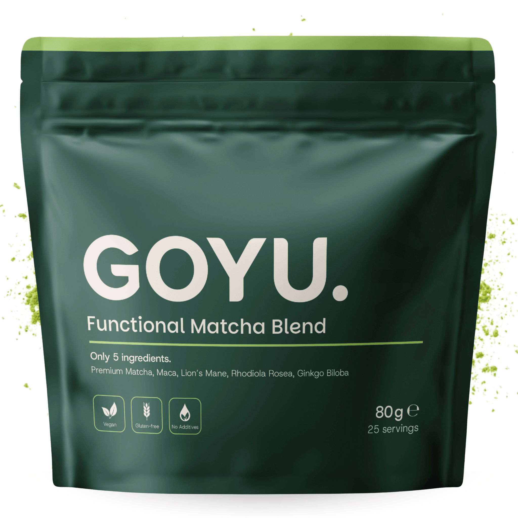 Sachet vert foncé GOYU. Ingrédients : Matcha, Maca, Lion's Mane, Rhodiola, Ginkgo. 80g, 25 portions. Vegan, sans gluten, sans additifs.